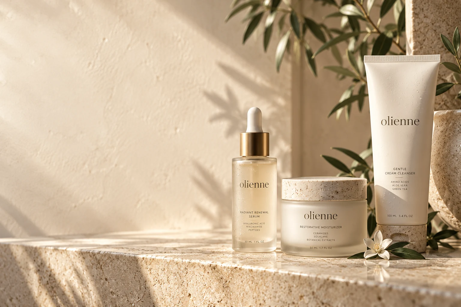 the olienne skincare concept collection on sunlit stone, with ivory packaging and a gold serum dropper